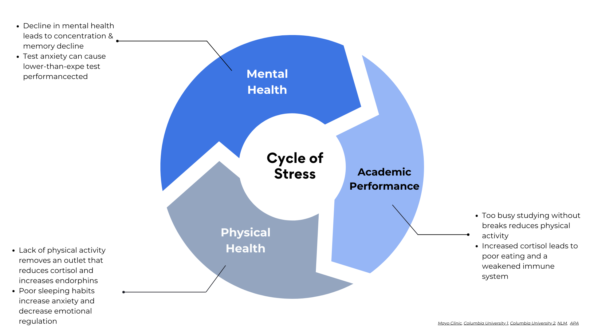 Cycle of Stress: Mental Health: decline in mental health leads to concentration & memory decline; test anxiety can cause lower-than-expected performance. Academic Performance: too busy studying without breaks reduces physical activity; increased cortisol leads to poor eating and a weakened immune system. Physical Health: lack of physical activity removes an outlet that reduces cortisol and increases endorphins; poor sleeping habits increase anxiety and decrease emotional regulation.